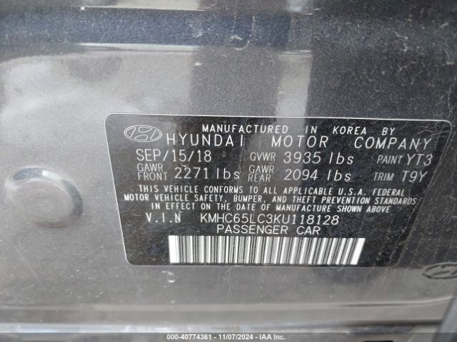 KMHC65LC3KU118128 Hyundai Ioniq Hybrid Blue