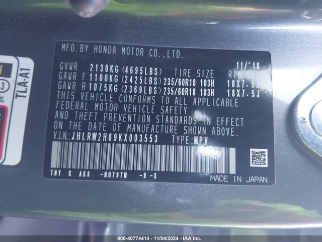 Honda Cr-v Ex-l 2019 JHLRW2H89KX003553 Image 9