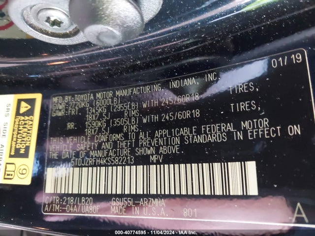 Toyota Highlander Xle 2019 5TDJZRFH4KS582213 Image 9