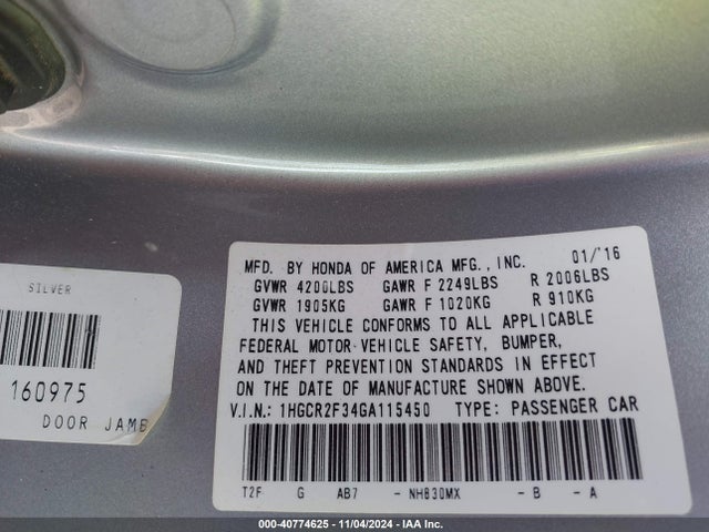 Honda ACCORD LX 2016 1HGCR2F34GA115450 Image 9