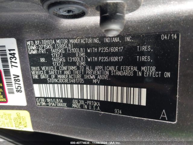 5TDYK3DC8ES481705 Toyota Sienna Xle/limited
