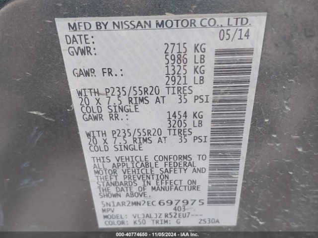 5N1AR2MN2EC697975 Nissan Pathfinder Platinum