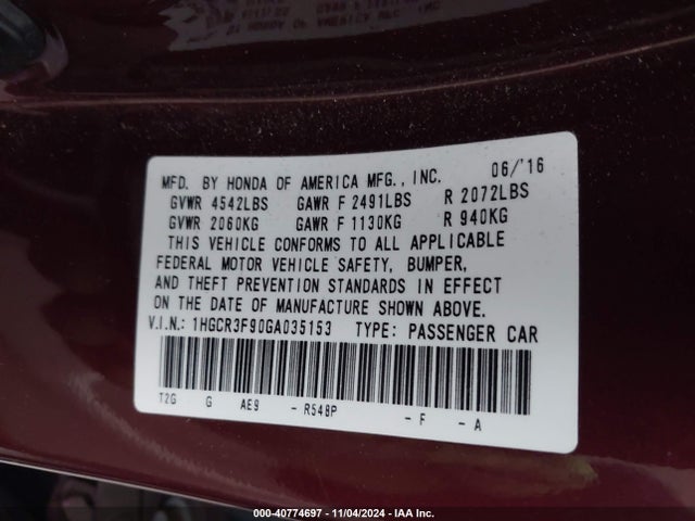 Honda Accord Touring 2016 1HGCR3F90GA035153 Image 9