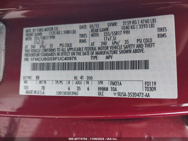 Ford ESCAPE SE 2015 1FMCU9GX9FUC40976 Image 9