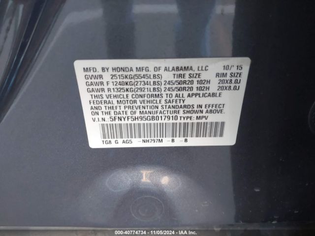 5FNYF5H95GB017910 Honda Pilot Touring