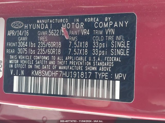KM8SMDHF7HU191817 Hyundai Santa Fe Se