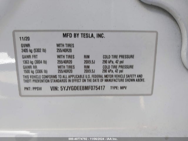 2021 TESLA MODEL Y 5YJYGDEE8MF075417 Photo 8