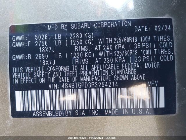 4S4BTGPD3R3254214 Subaru Outback Touring Xt