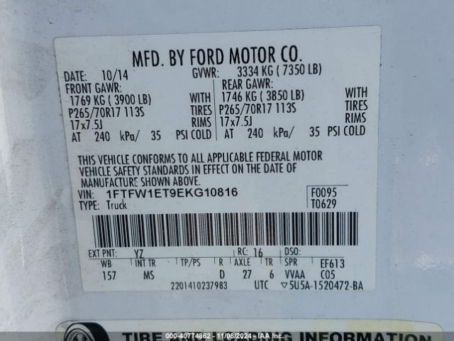 1FTFW1ET9EKG10816 Ford F-150 Xlt