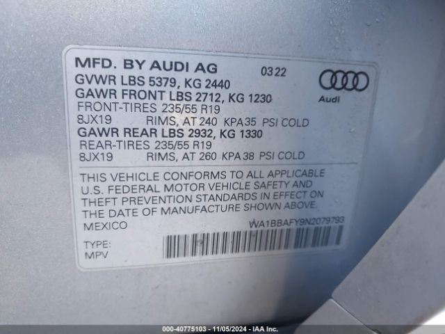 WA1BBAFY9N2079793 Audi Q5 Premium Plus 40 Tfsi Quattro S Tronic
