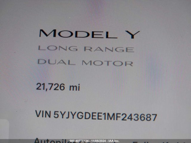 2021 TESLA MODEL Y 5YJYGDEE1MF243687 Photo 8