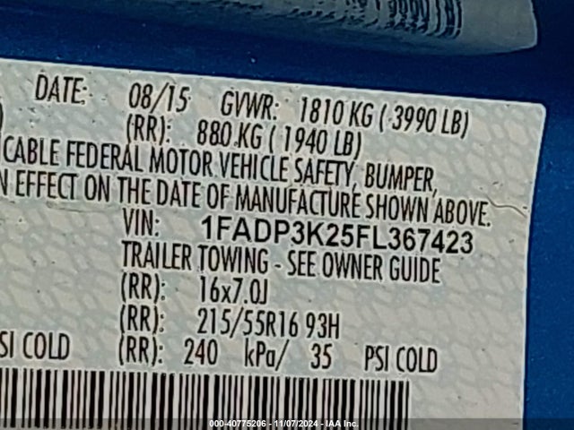 Ford FOCUS SE 2015 1FADP3K25FL367423 Image 9