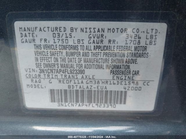 3N1CN7AP4FL923390 Nissan Versa 1.6 S+