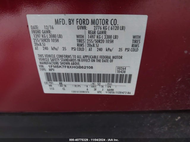Ford Explorer Limited 2017 1FM5K7F8XHGB62108 Image 9