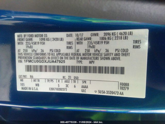 1FMCU0GDXJUA47925 Ford ESCAPE SE