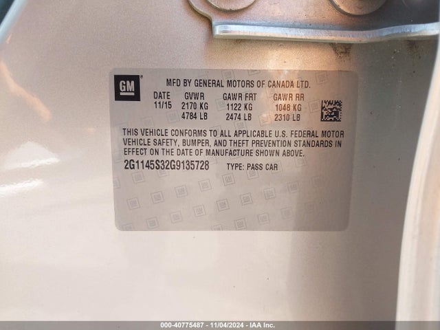 Chevrolet IMPALA 2LZ 2016 2G1145S32G9135728 Image 9