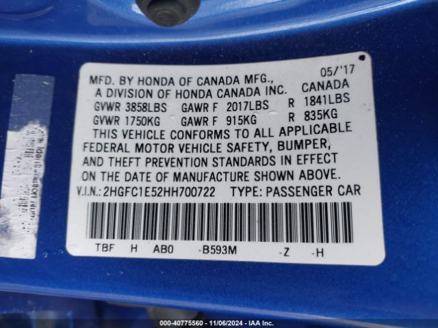 2HGFC1E52HH700722 Honda CIVIC SI