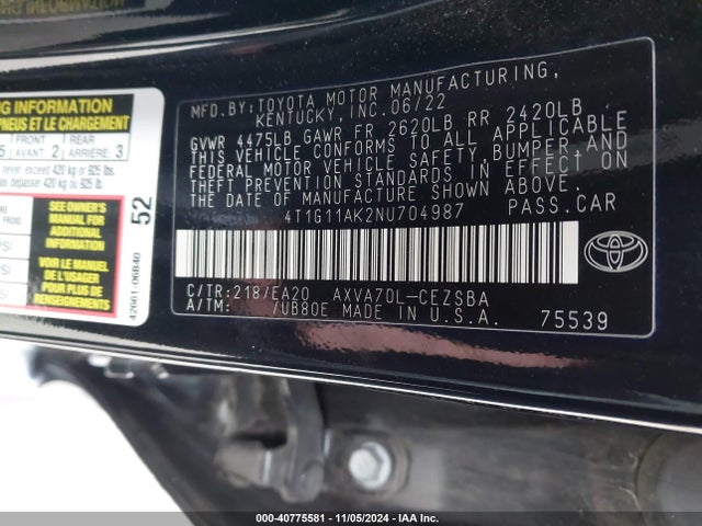 Toyota CAMRY SE 2022 4T1G11AK2NU704987 Image 9