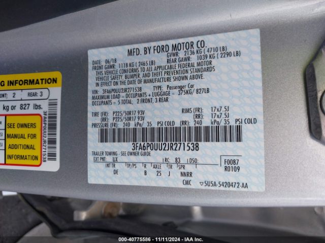 3FA6P0UU2JR271538 Ford Fusion Hybrid S