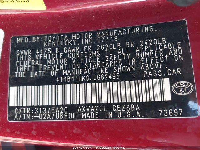 Toyota CAMRY SE 2018 4T1B11HK8JU662495 Image 9