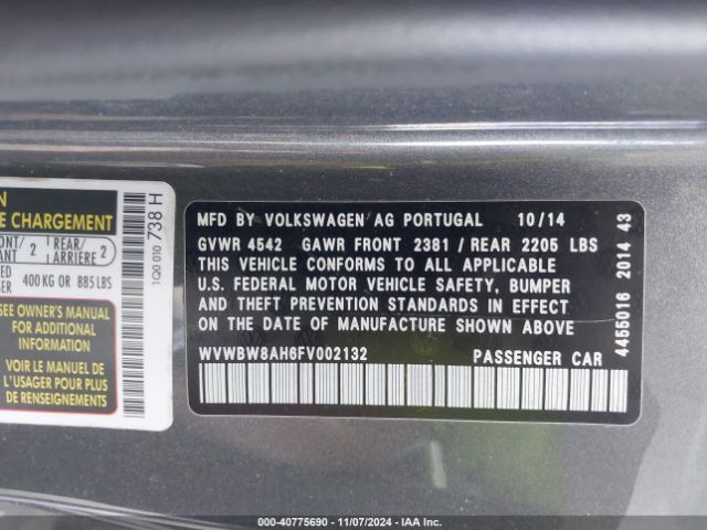 2015 VOLKSWAGEN EOS WVWBW8AH6FV002132 Photo 8