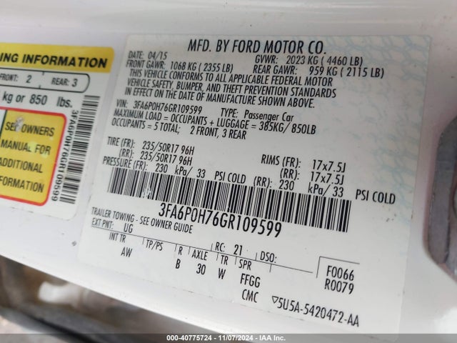 Ford FUSION SE 2016 3FA6P0H76GR109599 Image 9