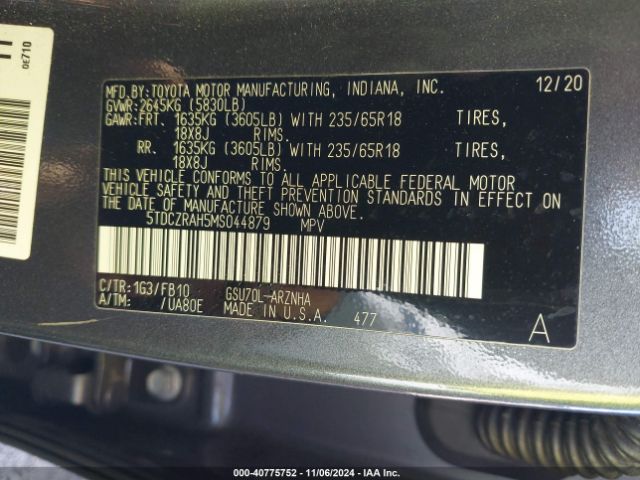 5TDCZRAH5MS044879 Toyota Highlander L
