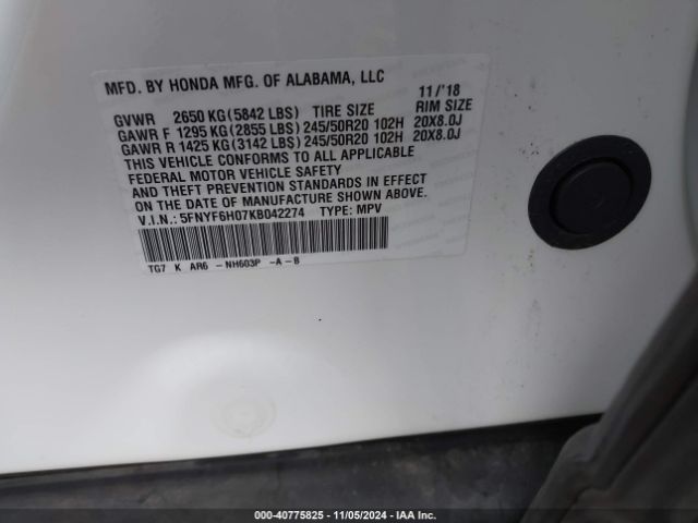5FNYF6H07KB042274 Honda Pilot Elite