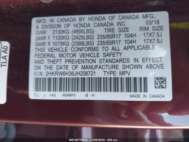 2HKRW6H36JH208721 Honda CR-V LX