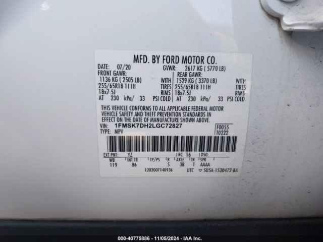 1FMSK7DH2LGC72827 Ford EXPLORER XLT