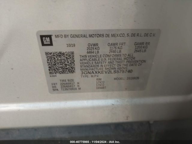 3GNAXKEV2LS575740 Chevrolet Equinox Fwd Lt 1.5l Turbo