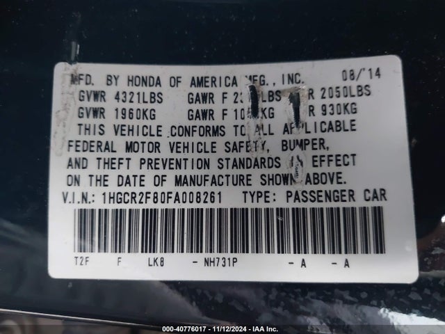 Honda Accord Ex-l 2015 1HGCR2F80FA008261 Image 9