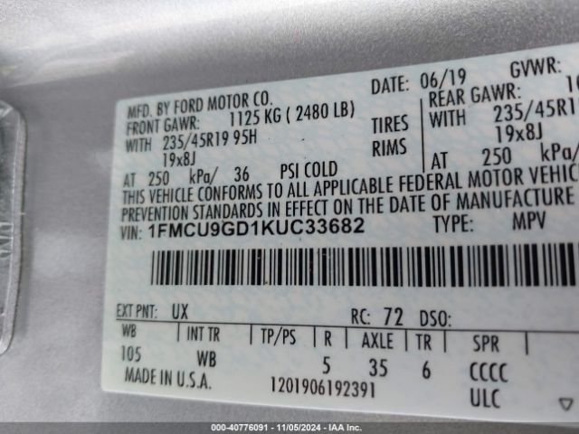 1FMCU9GD1KUC33682 Ford ESCAPE SE