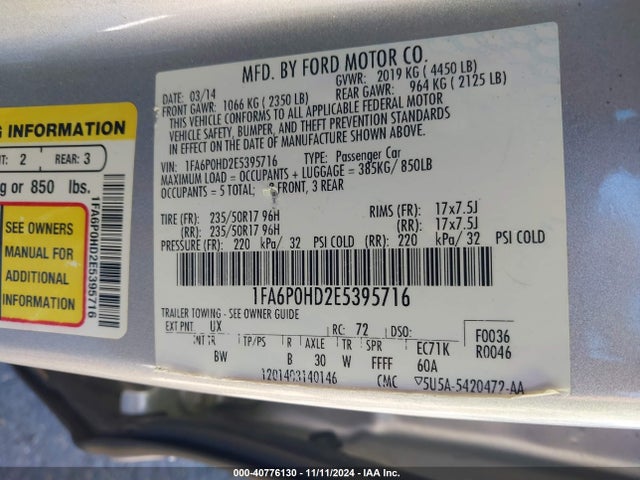 Ford FUSION SE 2014 1FA6P0HD2E5395716 Image 9