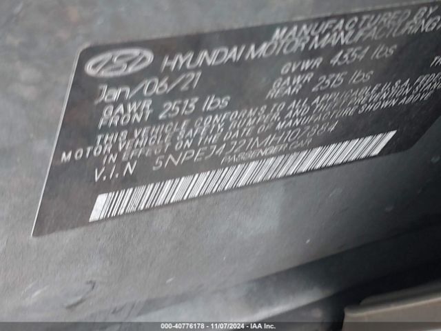 5NPEJ4J21MH107884 Hyundai Sonata Sel Plus
