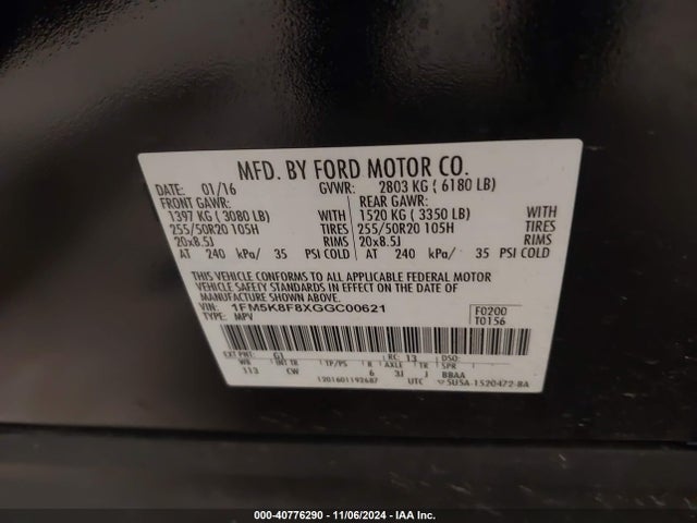 Ford Explorer Limited 2016 1FM5K8F8XGGC00621 Image 9