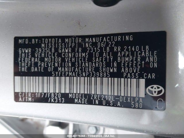 Toyota COROLLA LE 2022 5YFEPMAE5NP339885 Image 9