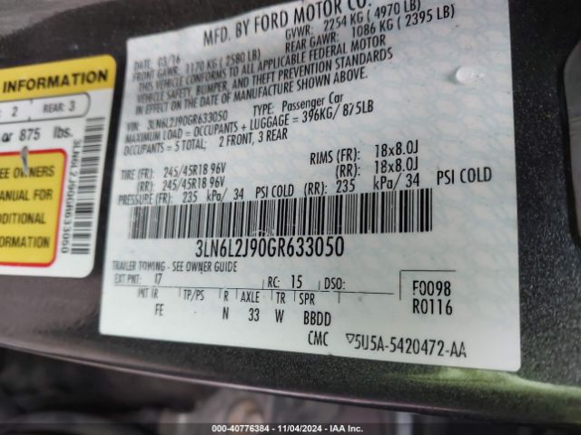 3LN6L2J90GR633050 Lincoln MKZ