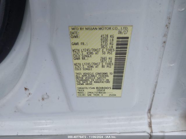 1N6AF0LY5HN808005 Nissan Nv Cargo Nv2500 Hd Sv V8