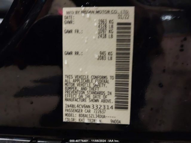 1N4BL4CV6NN332314 Nissan Altima Sr Fwd