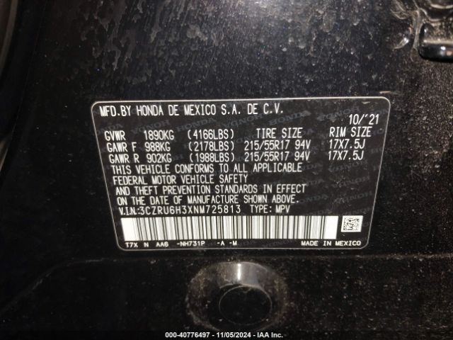 3CZRU6H3XNM725813 Honda Hr-v Awd Lx