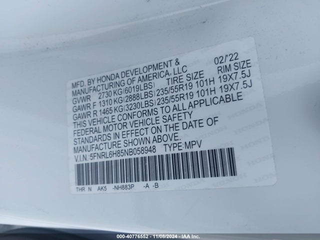 Honda Odyssey Touring 2022 5FNRL6H85NB058948 Image 9
