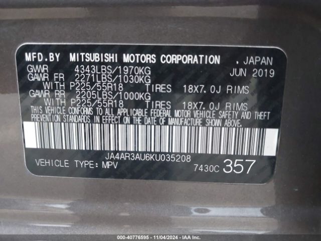 JA4AR3AU6KU035208 Mitsubishi Outlander Sport 2.0 Es