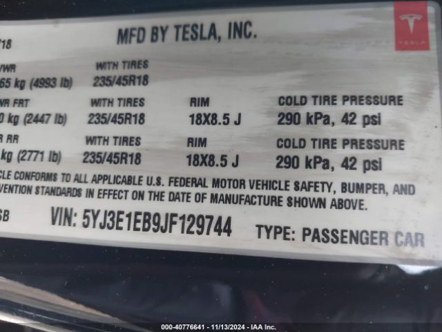 5YJ3E1EB9JF129744 Tesla Model 3 Long Range/performance