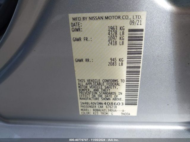 1N4BL4DV3MN408603 Nissan Altima Sv Fwd