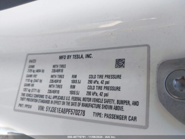 5YJ3E1EA8PF570278 Tesla Model 3 Rear-wheel Drive