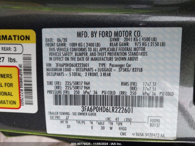 3FA6P0HD6LR222601 Ford FUSION SE