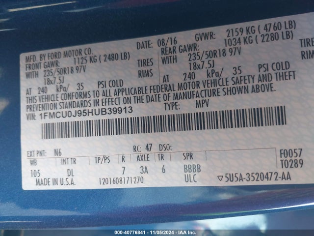 Ford Escape Titanium 2017 1FMCU0J95HUB39913 Image 9