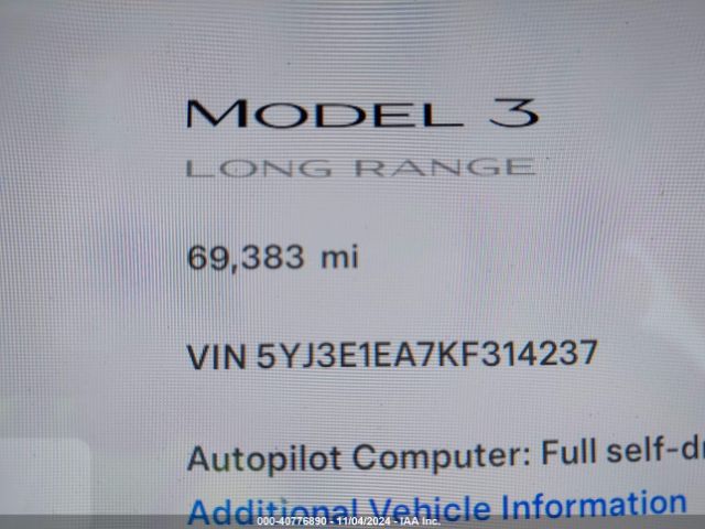 5YJ3E1EA7KF314237 Tesla Model 3 Long Range/mid Range/standard Range/standard Range Plus