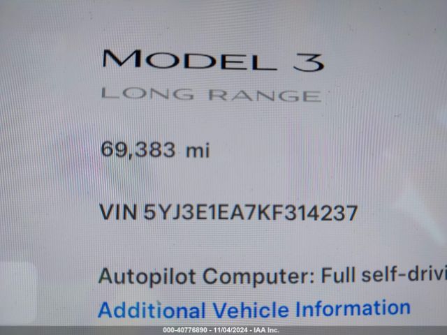 5YJ3E1EA7KF314237 Tesla Model 3 Long Range/mid Range/standard Range/standard Range Plus